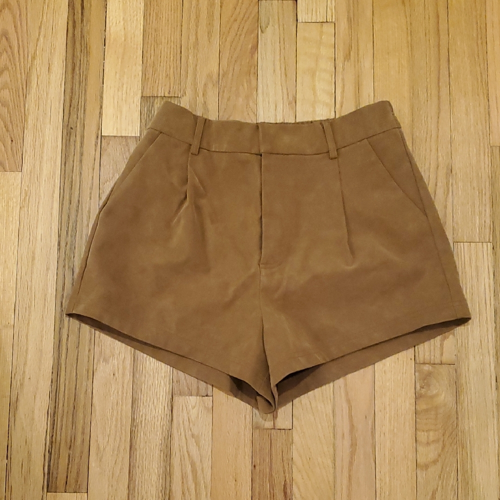 Free People High-Rise Suede-Look Tailored Shorts in Camel